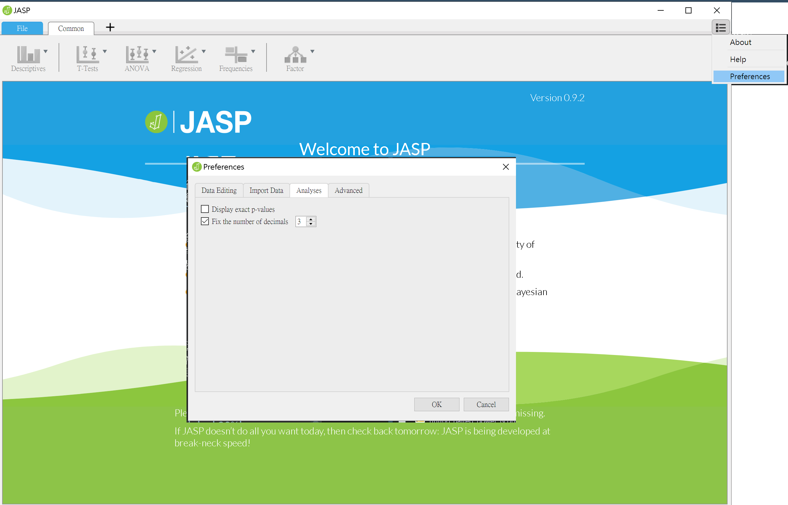JASP設定選單–小數點位數設定